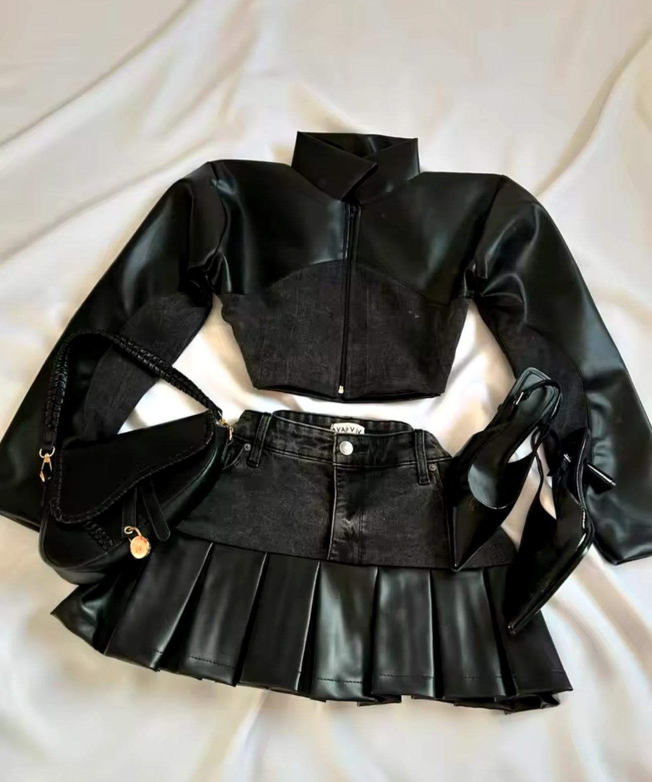 Leather-Spliced Denim Two-Piece Set