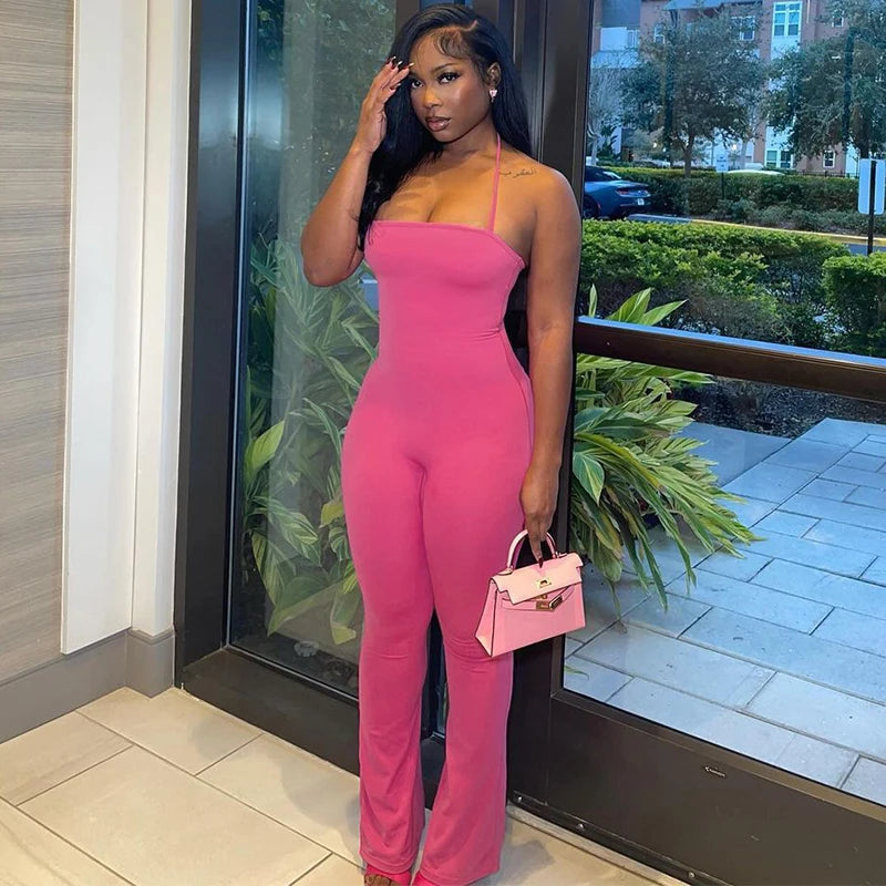Halter Backless Bodycon Flare Jumpsuit