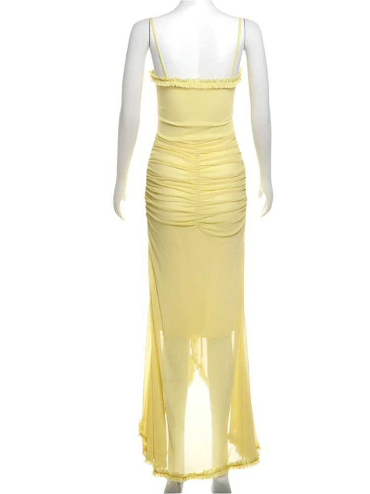 Veria Yellow Mesh Spaghetti Strap Dress - Weeknd Shop Online