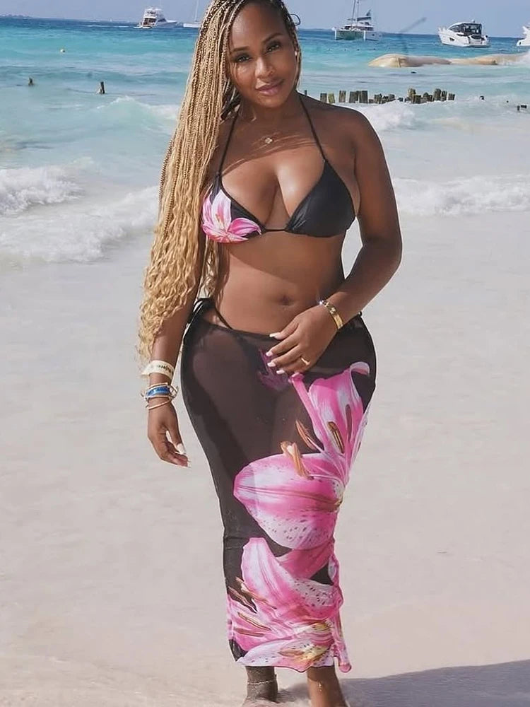 Flower Print 3-Piece Set – Bra, Thong & Long Skirt