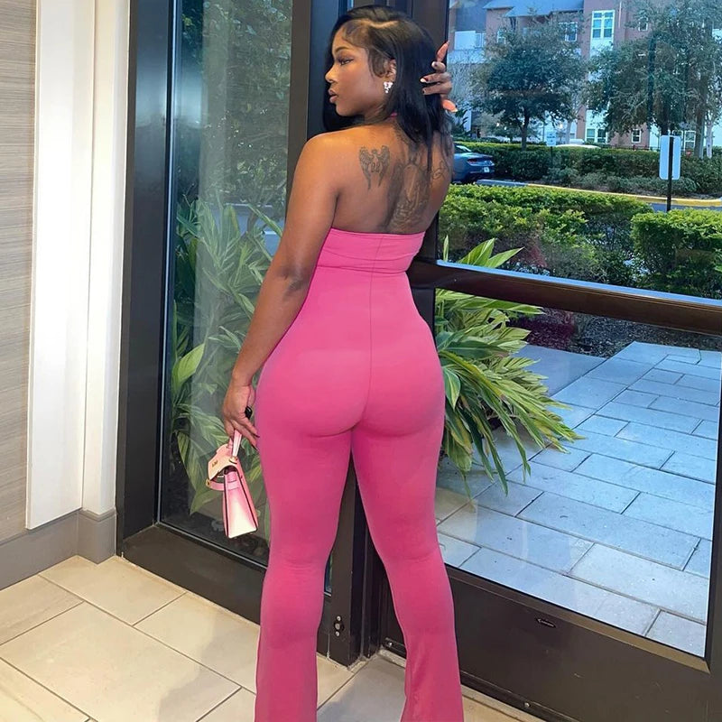 Halter Backless Bodycon Flare Jumpsuit