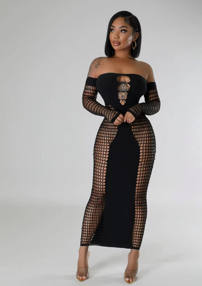 “Catch on” Black Mesh Off The Shoulder Fashion Dress