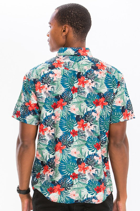 Mens Print Hawaiian Button Down Shirt