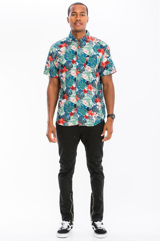 Mens Print Hawaiian Button Down Shirt