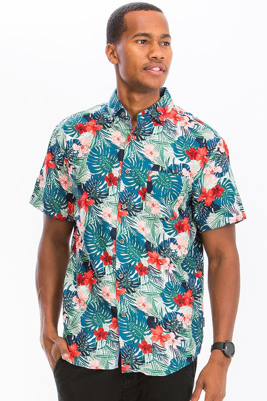 Mens Print Hawaiian Button Down Shirt