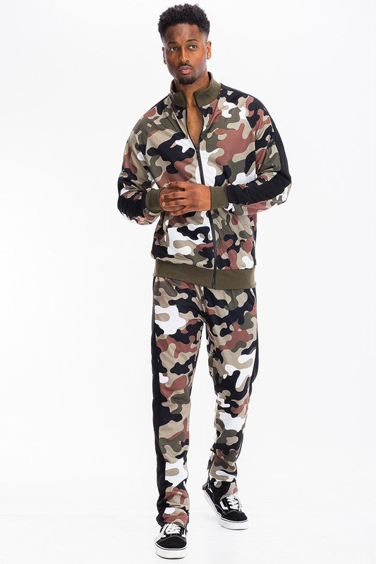 Men's Full Camo with Stripe Track Jacket and Pant