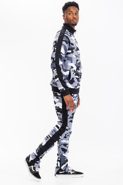 Men's Full Camo with Stripe Track Jacket and Pant