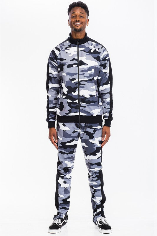 Men's Full Camo with Stripe Track Jacket and Pant