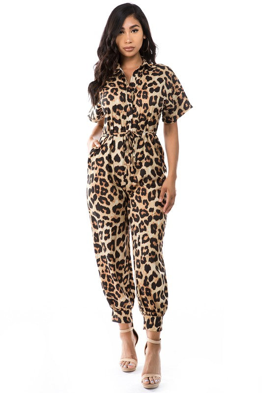 Women's Leopard Short Sleeve Jumpsuit