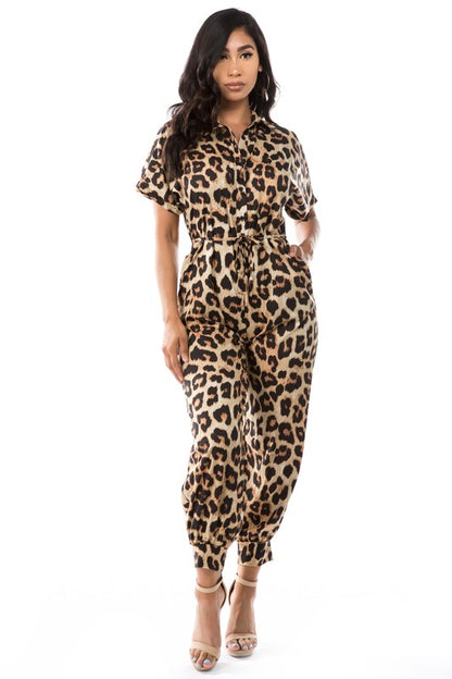 Women's Leopard Short Sleeve Jumpsuit