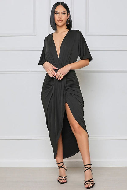 Monica High Slit Classic Black Wrap Dress