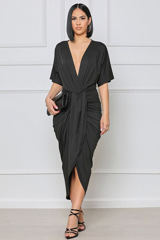 Monica High Slit Classic Black Wrap Dress