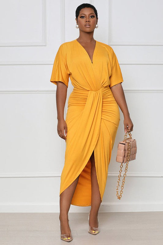 Monica High Slit Classic Yellow Wrap Dress