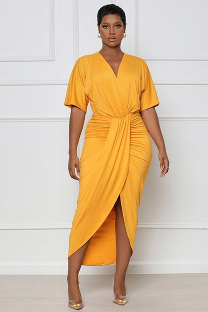 Monica High Slit Classic Yellow Wrap Dress