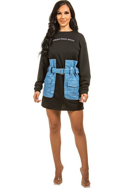 Gayle Sweatshirt Dress with Denim Waist Belt