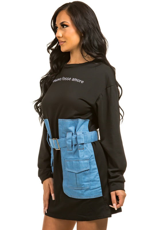 Gayle Sweatshirt Dress with Denim Waist Belt