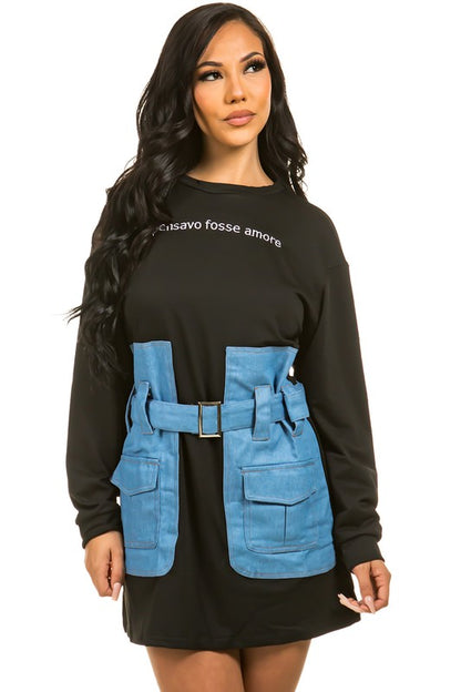 Gayle Sweatshirt Dress with Denim Waist Belt