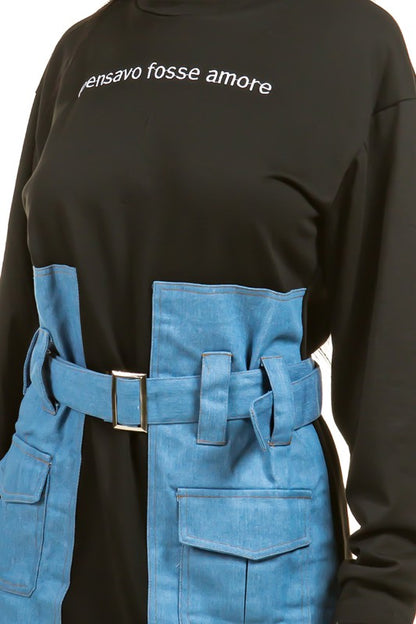 Gayle Sweatshirt Dress with Denim Waist Belt