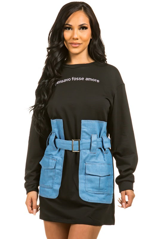 Gayle Sweatshirt Dress with Denim Waist Belt