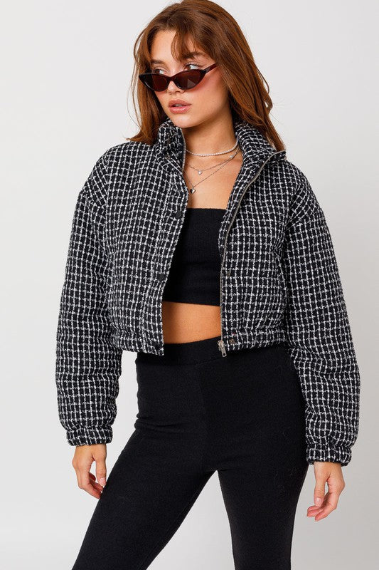 Women's Tweed Crop Puffer Jacket - Weeknd Shop Online 