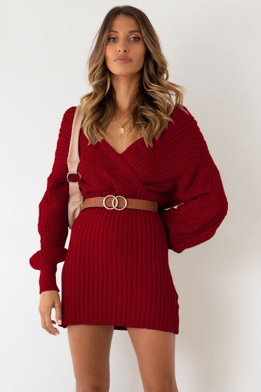 Burgundy Off Shoulder Sweater Dress