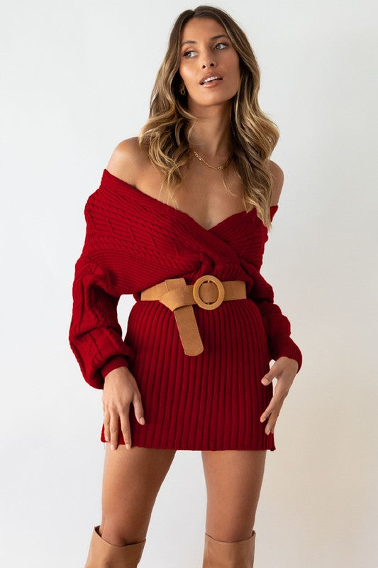 Burgundy Off Shoulder Sweater Dress