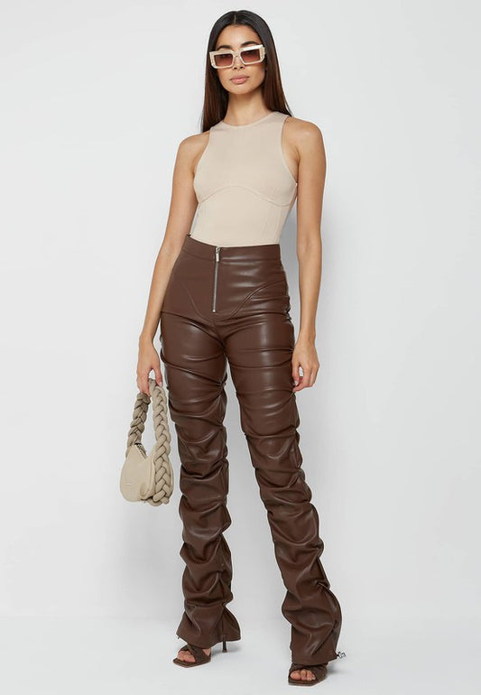 "Kiss me" Brown High Waist Stacked Leather Pants