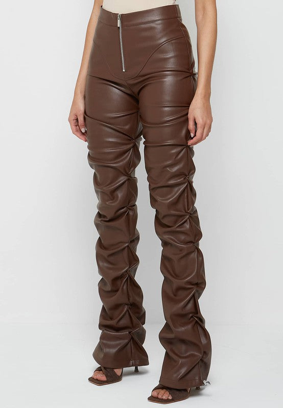 "Kiss me" Brown High Waist Stacked Leather Pants