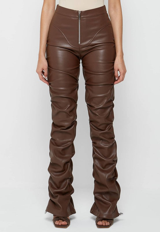 "Kiss me" Brown High Waist Stacked Leather Pants