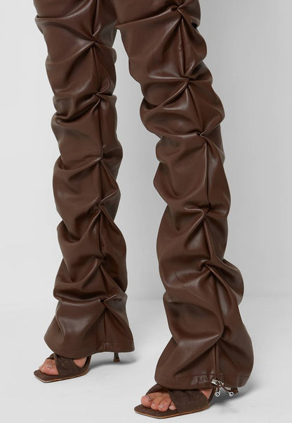 "Kiss me" Brown High Waist Stacked Leather Pants