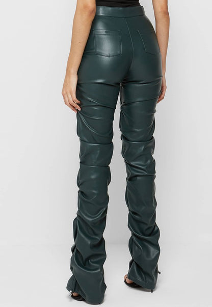 "Kiss me" Black High-Waist Zip-Up Stacked Leather Pants