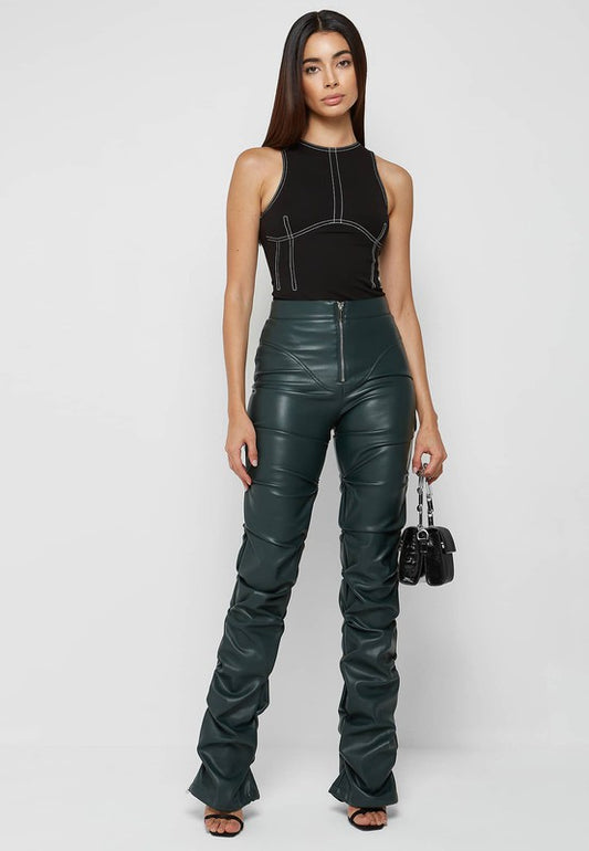 "Kiss me" Black High-Waist Zip-Up Stacked Leather Pants