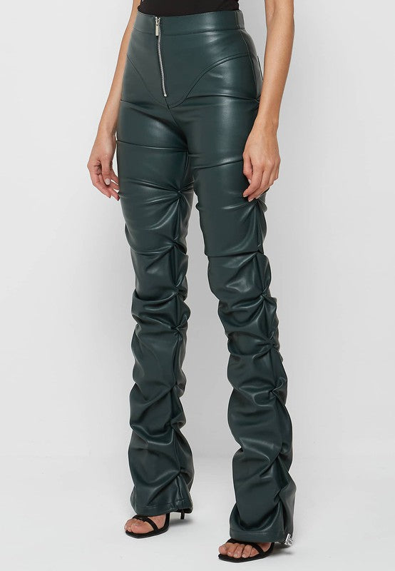 "Kiss me" Black High-Waist Zip-Up Stacked Leather Pants