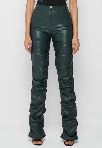 "Kiss me" Black High-Waist Zip-Up Stacked Leather Pants