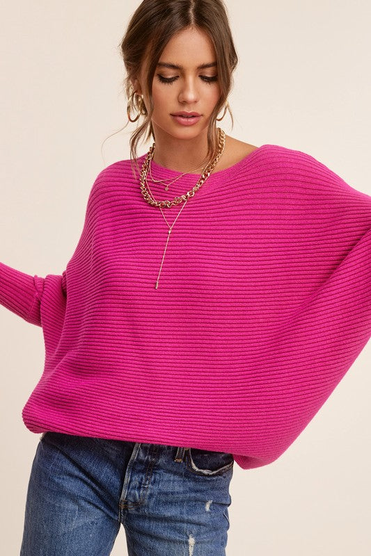 Fuchsia Long Sleeve Ribbed Knit Sweater