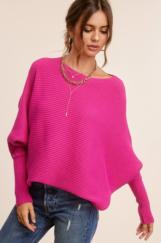 Fuchsia Long Sleeve Ribbed Knit Sweater