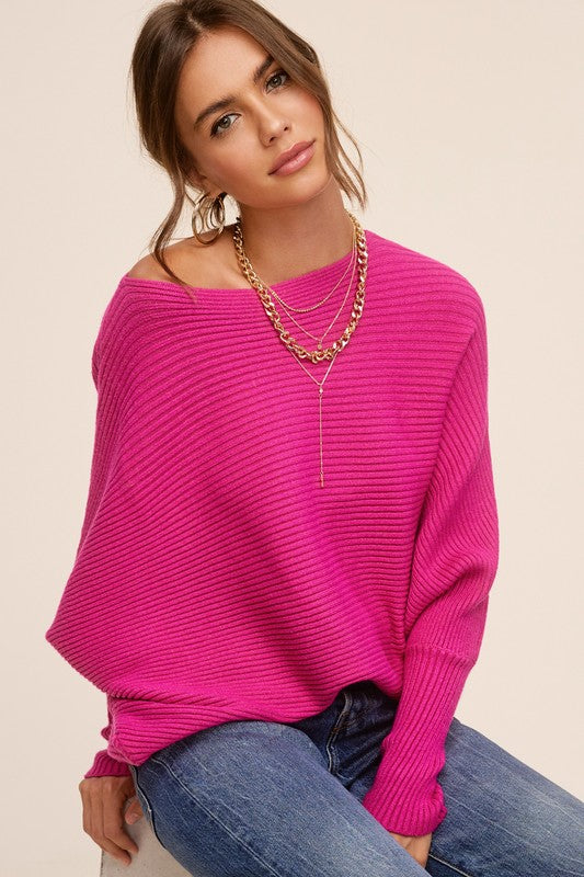 Fuchsia Long Sleeve Ribbed Knit Sweater