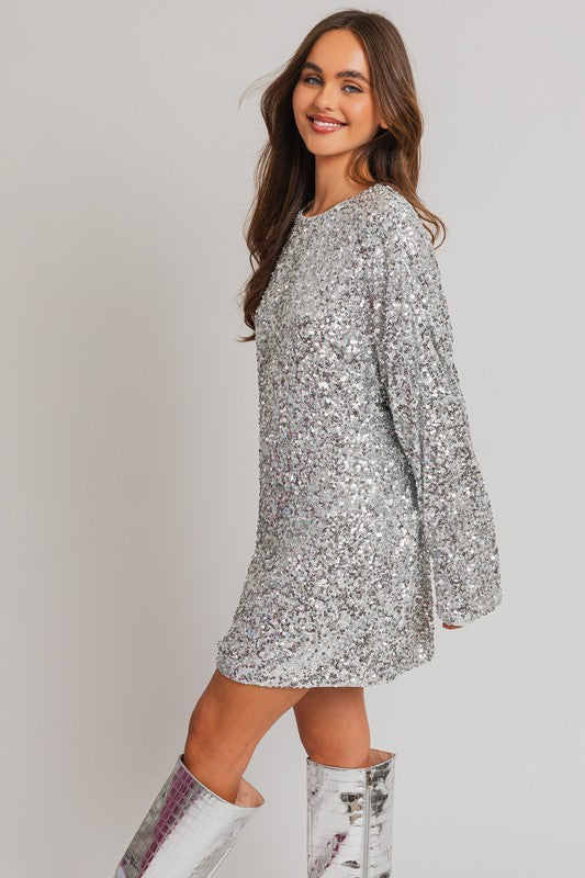 Silver Long Sleeve Sequin Mini Dress - Weeknd Shop Online 