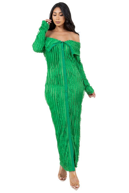 "La La Fever" Off Shoulder Maxi Dress