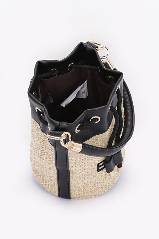 Top Handle Faux Straw Bucket Bag