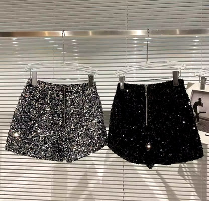 Women’s Black Velvet Sequined Shorts – Shiny Clubwear Party Pants