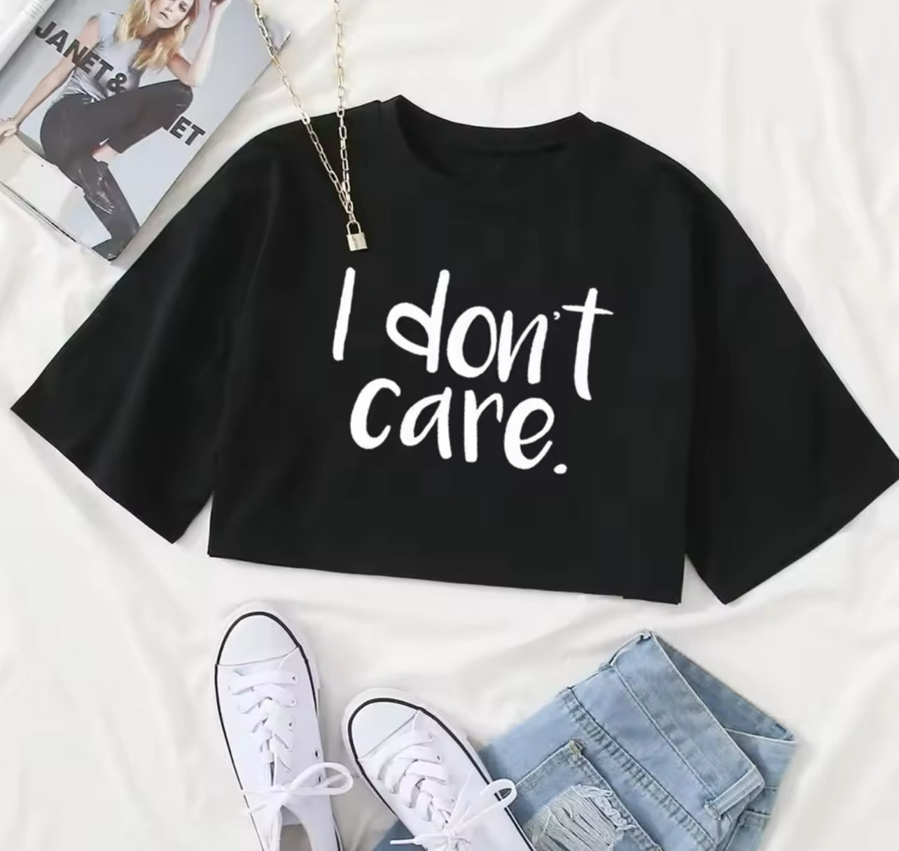 I Don't Care Print Crop Tee T-Shirt