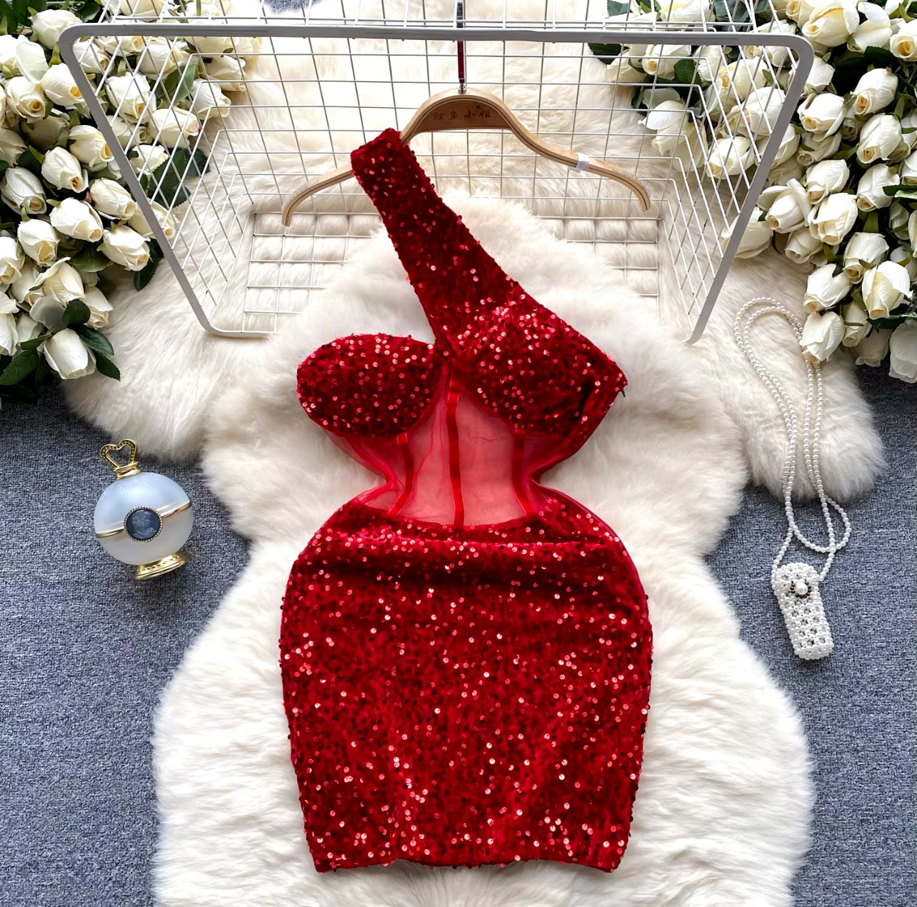 “Ruby” One Shoulder Sequins  Bodycon Mini Dress