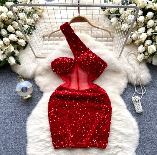 “Ruby” One Shoulder Sequins  Bodycon Mini Dress