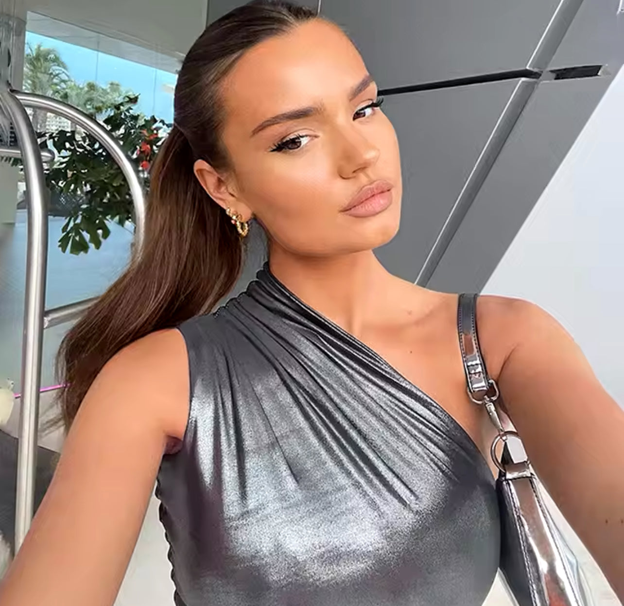 Gray Sexy One Shoulder Metallic Bodycon Dress