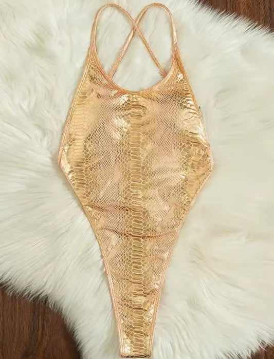 Golden Shiny Snake Print One-Piece Swimsuit