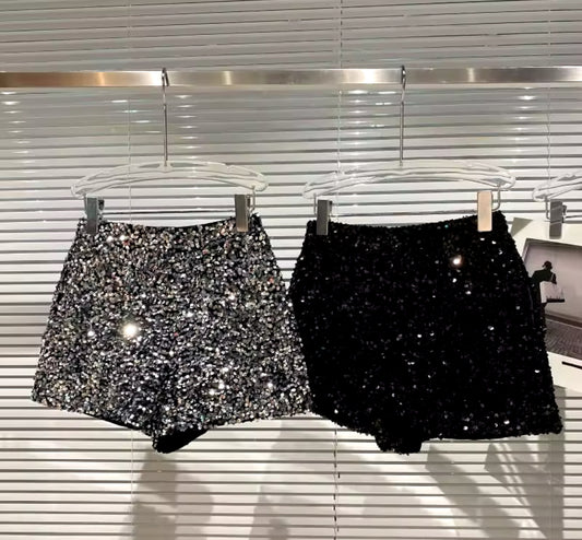 Women’s Black Velvet Sequined Shorts – Shiny Clubwear Party Pants