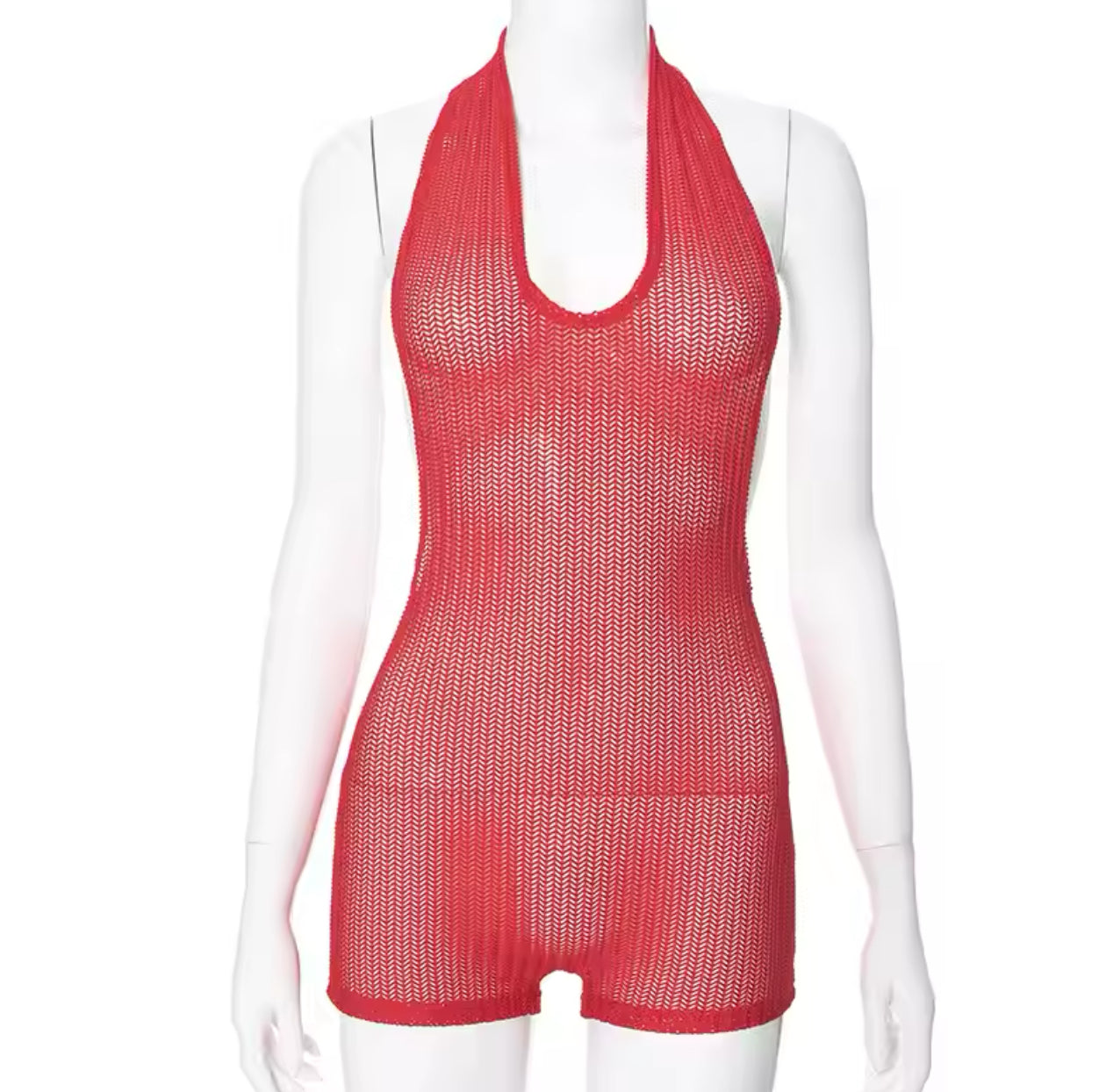 “Lip stick” Mesh Red Halter Romper