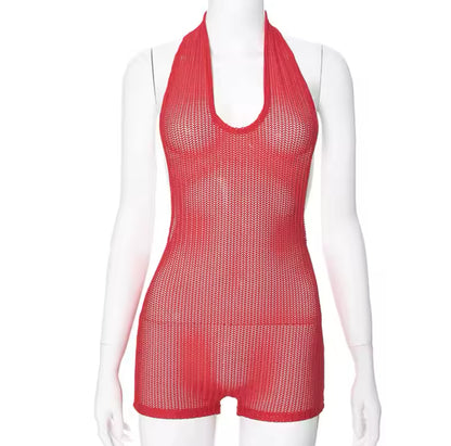 “Lip stick” Mesh Red Halter Romper