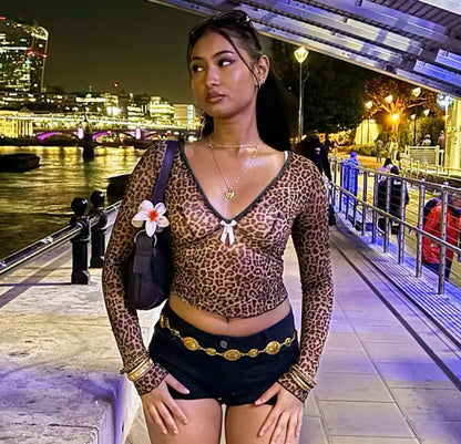 Leopard Print Mesh Crop Top – Sexy Slim Fit